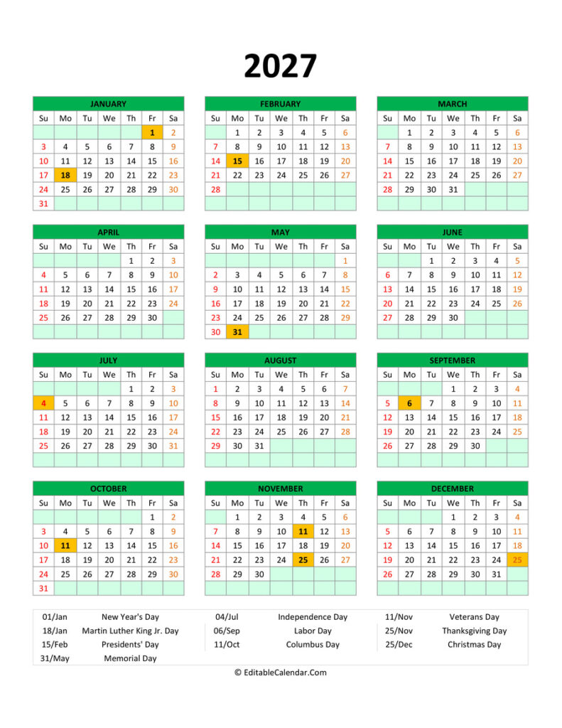 Editable 2027 Calendar With with Holidays