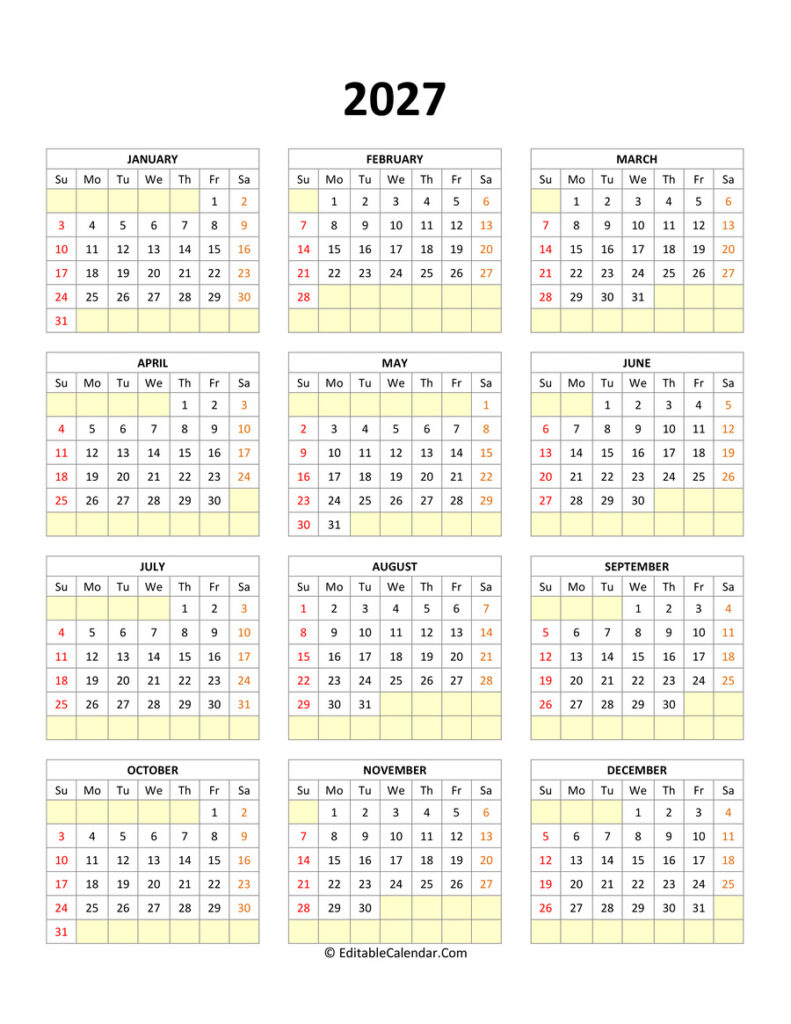 Editable Calendar Template 2027 Editable Calendar Template 2027