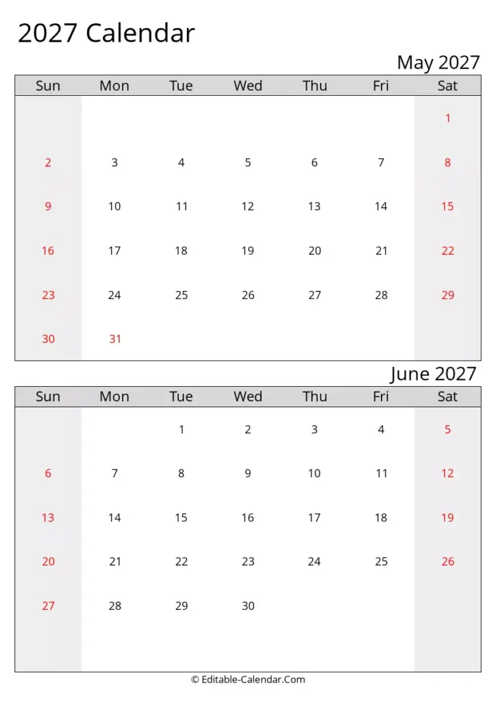 Editable May June 2027 Calendar in Excel, Word, PDF Editable May June 2027 Calendar in Excel, Word, PDF