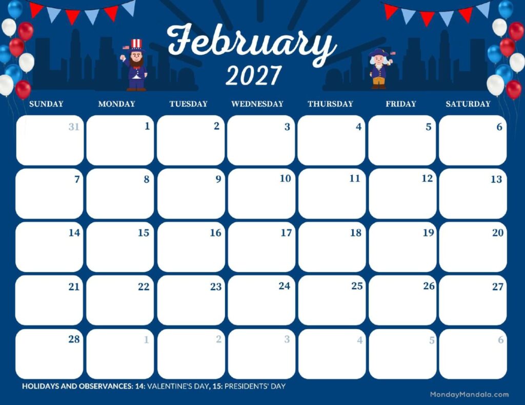 February 2027 Calendar (52 Free PDF Printables)