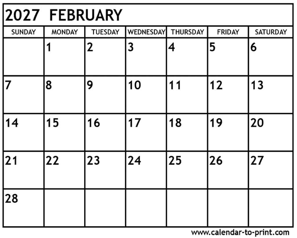 February 2027 Calendar Printable February 2027 Calendar Printable