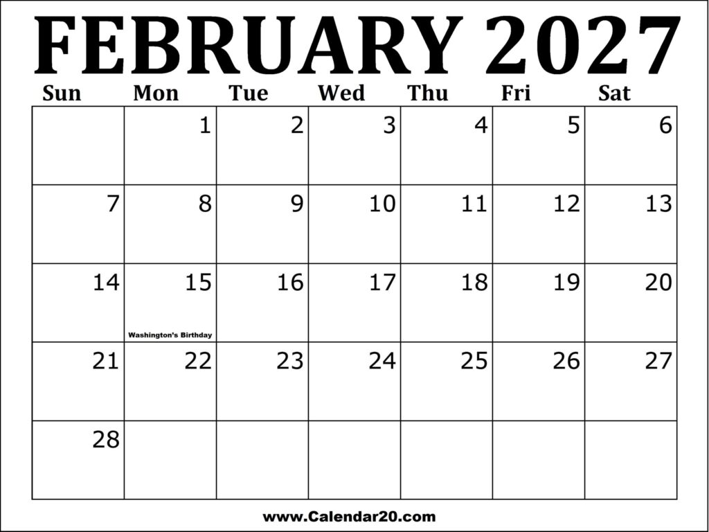February 2027 Printable Calendar - Calendar20.com