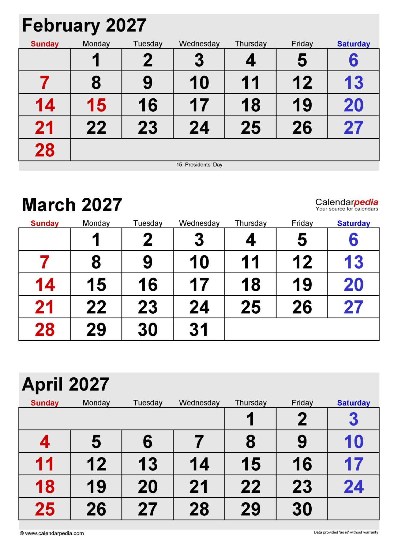 February March April 2027 Calendar Printable - March 2027 Calendar | Templates for PDF, Excel and Word