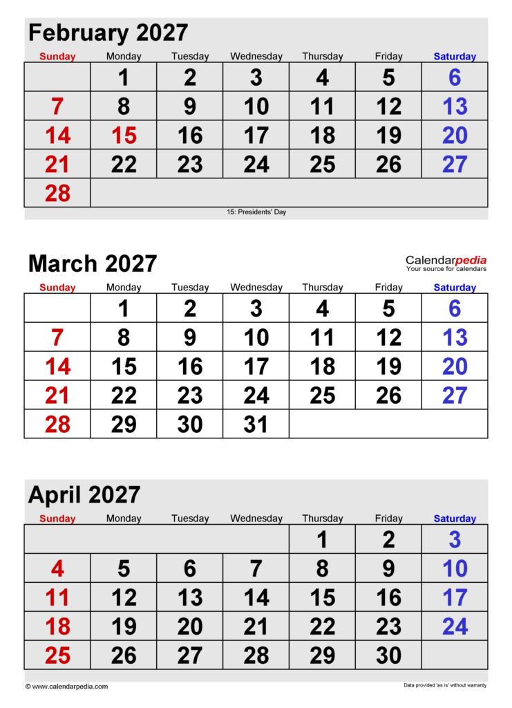 February March April 2027 Calendar Printable – March 2027 Calendar | Templates for PDF, Excel and Word February March April 2027 Calendar Printable - March 2027 Calendar | Templates for PDF, Excel and Word