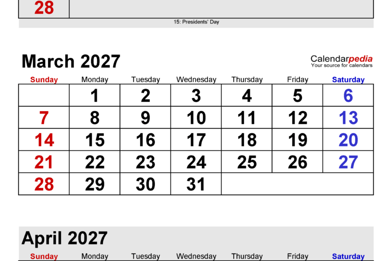 February March April 2027 Calendar Printable