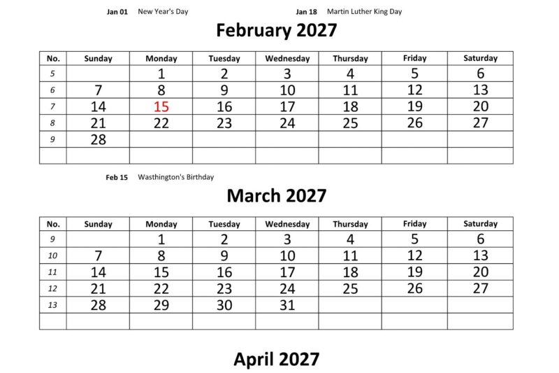 Four Month Printable Calendar 2027