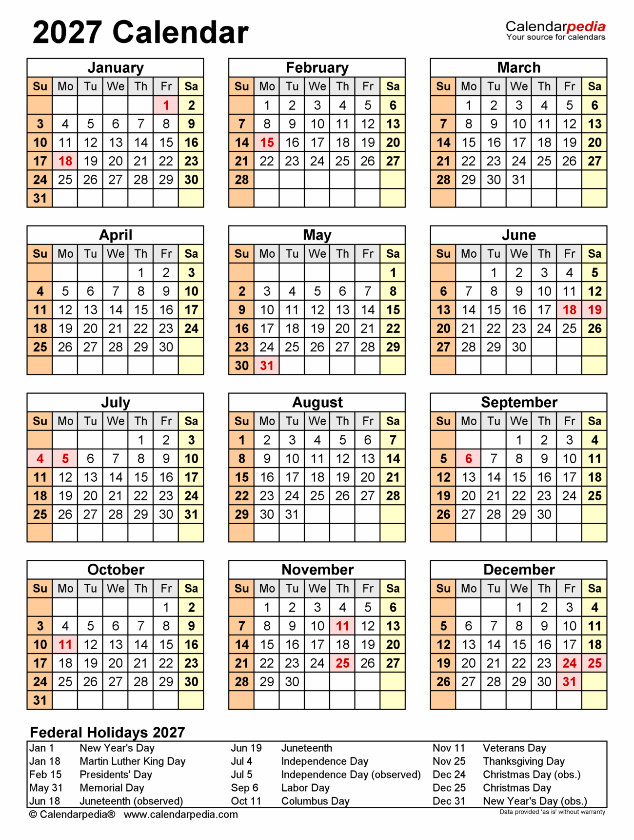 Free 2027 Calendar Printable With Holidays - 2027 Calendar - 21 Free Printable Microsoft Word Templates