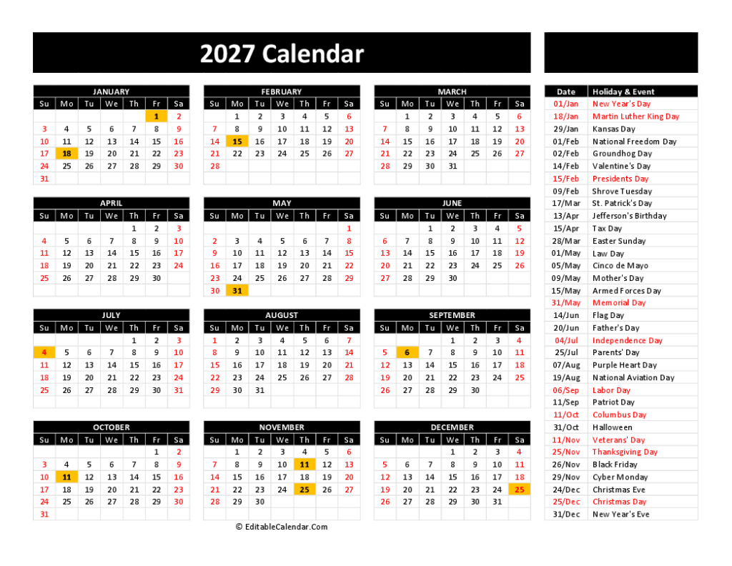 Free 2027 Printable Calendar With Holidays - Free Printable Calendar 2027 (Word, PDF, Excel)