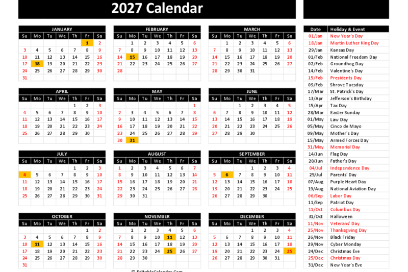 Free 2027 Printable Calendar With Holidays