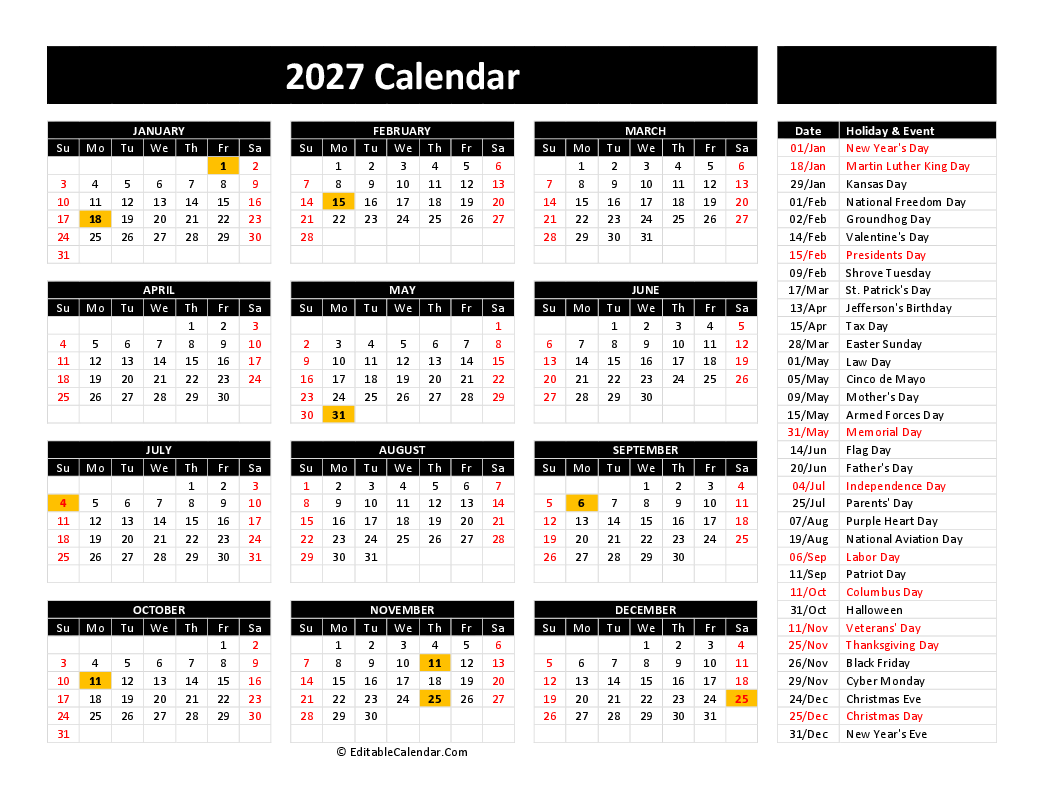 Free 2027 Printable Calendar With Holidays - Free Printable Calendar 2027 (Word, PDF, Excel)