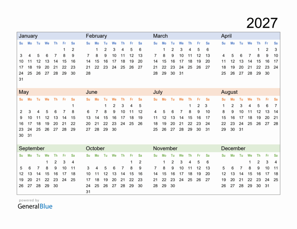 Free Downloadable 2027 Yearly Calendar Template
