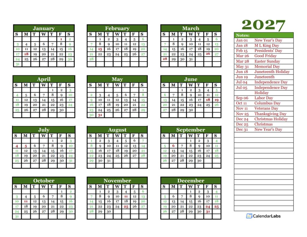 Free Editable 2027 Yearly Word Calendar - Free Printable Templates