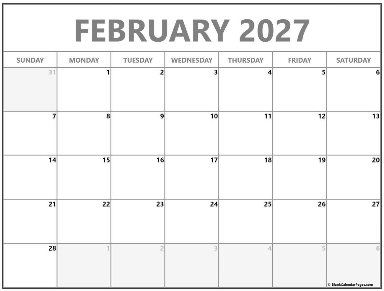 Free February 2027 Printable Calendar - Blank February 2027 Calendar Printable Free - Free Printable Calendar