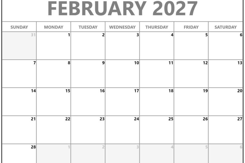 Free February 2027 Printable Calendar