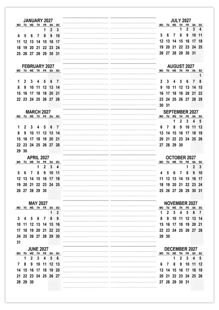 Free Printable 2027 Calendar (Week Starts Monday) – free-calendar.su