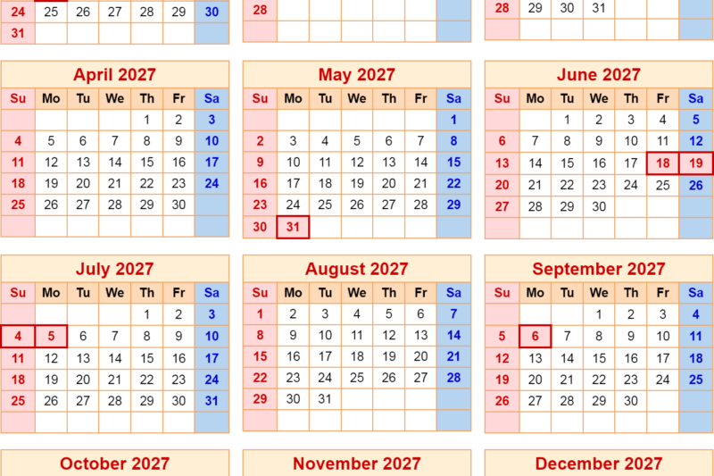 Free Printable 2027 Calendar With Federal Holidays