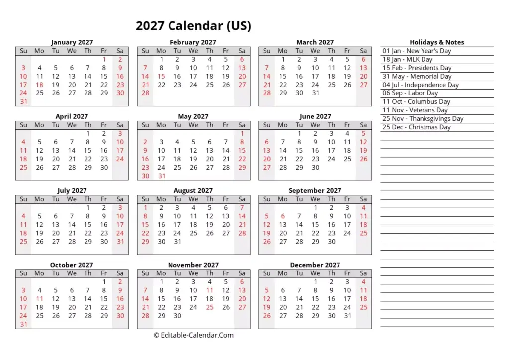 Free Printable 2027 Calendar With Us Holidays - Download Editable Calendar Template 2027 With Us Holidays, weeks start ...