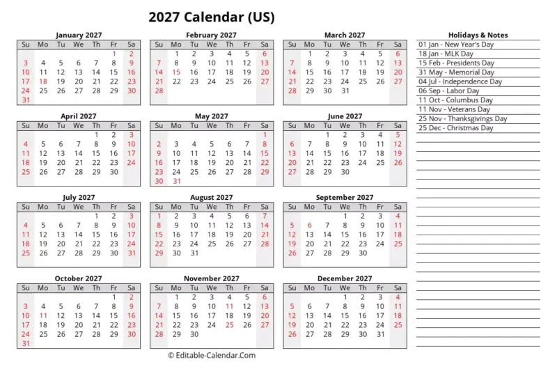 Free Printable 2027 Calendar With Us Holidays