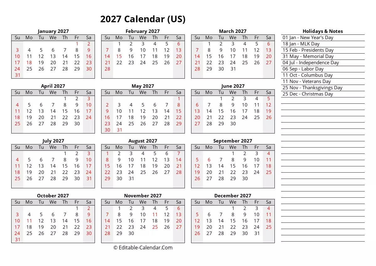 Free Printable 2027 Calendar With Us Holidays - Download Editable Calendar Template 2027 With Us Holidays, weeks start ...
