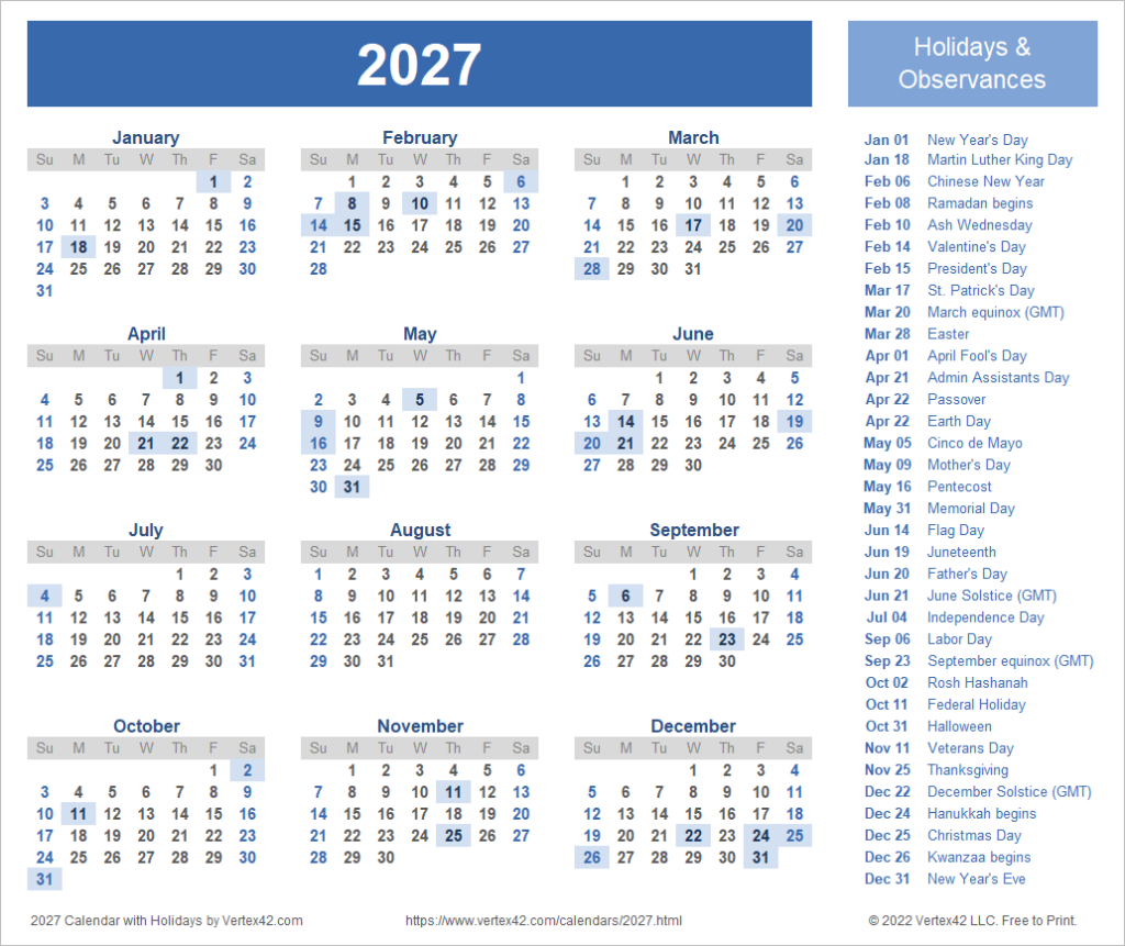 Free Printable 2027 Monthly Calendar With Holidays - Book Me