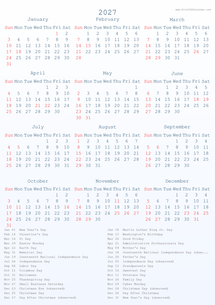 Free Printable 2027 Single-Page A4 US Calendar with Holidays Free Printable 2027 Single-Page A4 US Calendar with Holidays