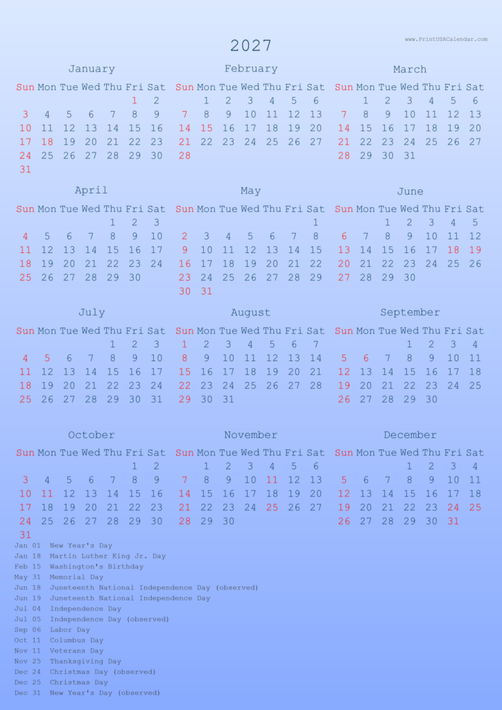 Free Printable 2027 Single-Page A4 US Calendar with Holidays
