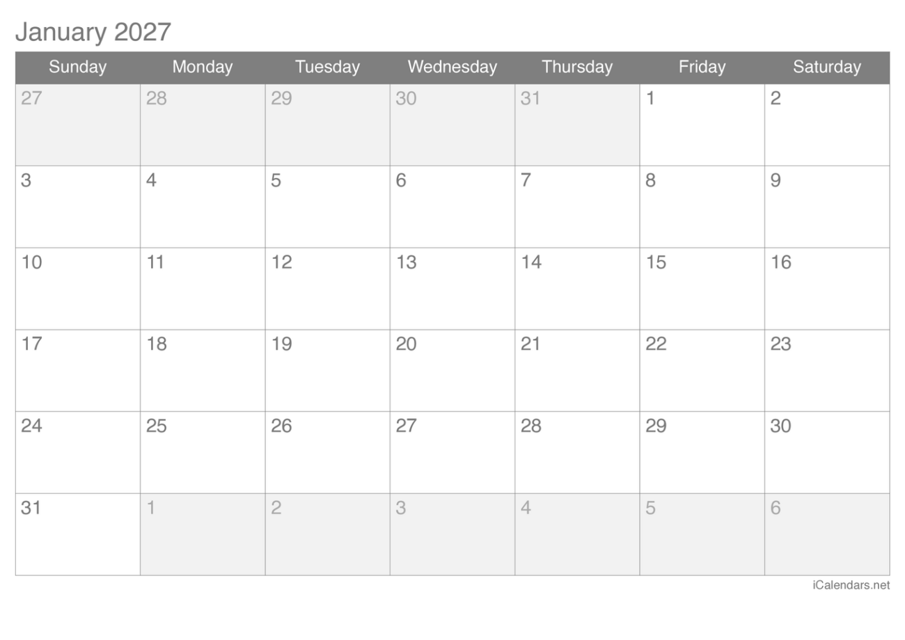 Free Printable Calendar 2027 Monthly - 2027 Printable Calendar - PDF or Excel