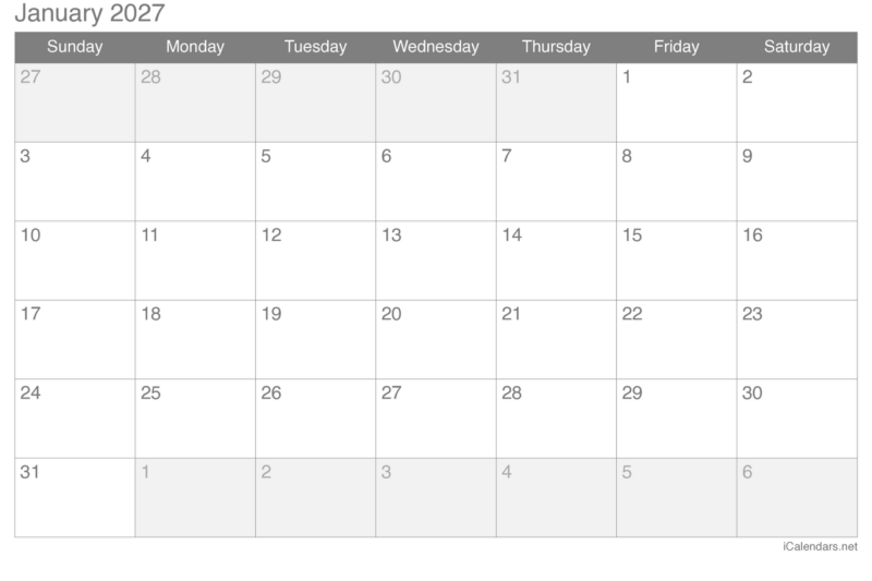 Free Printable Calendar 2027 Monthly