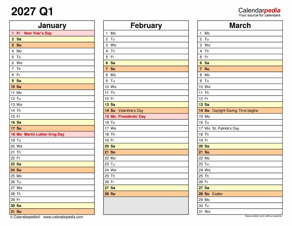 Free Printable Calendar 2027 Quarterly - Quarterly Calendars 2027: 10 Free Printable Word Templates