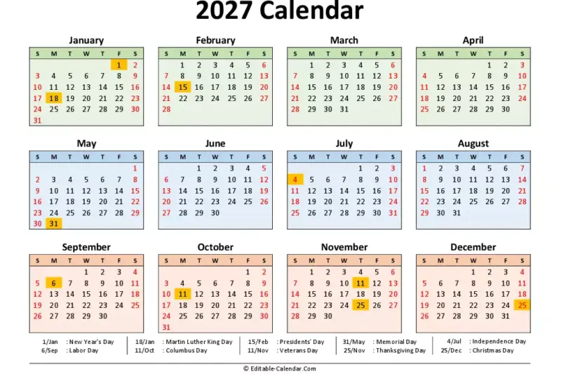 Free Printable Calendar 2027 With Holidays