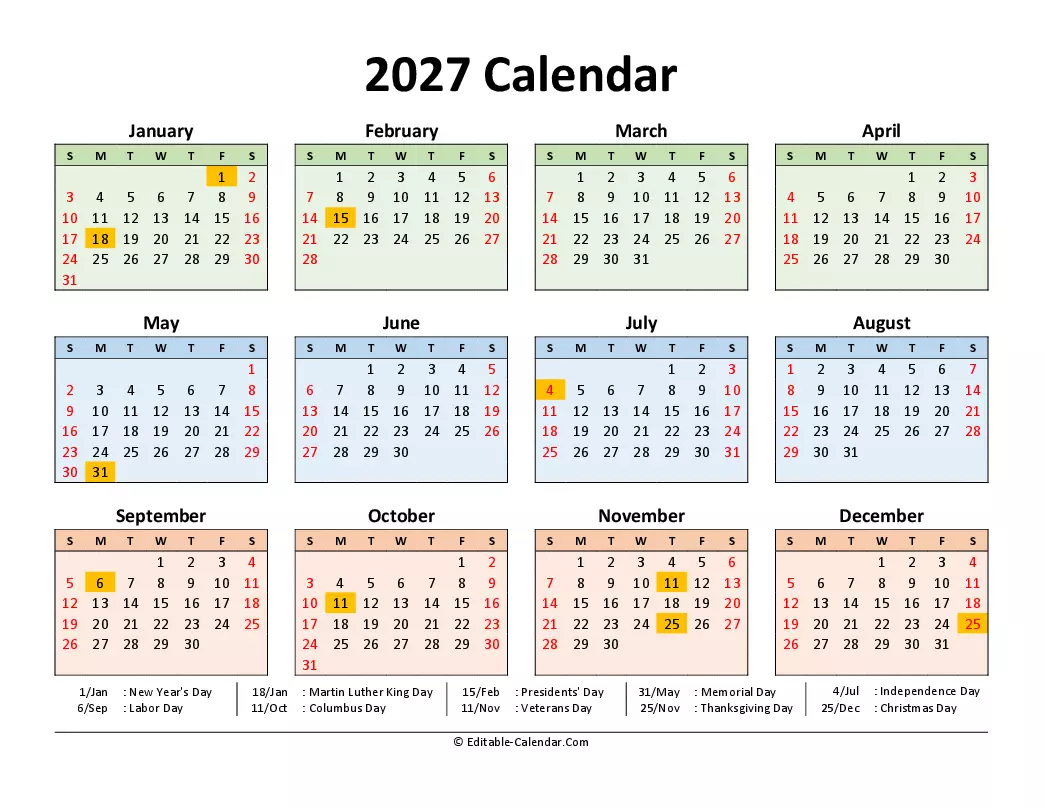 Free Printable Calendar 2027 With Holidays - Download 2027 Printable Calendar Free With Us Holidays, weeks start on ...