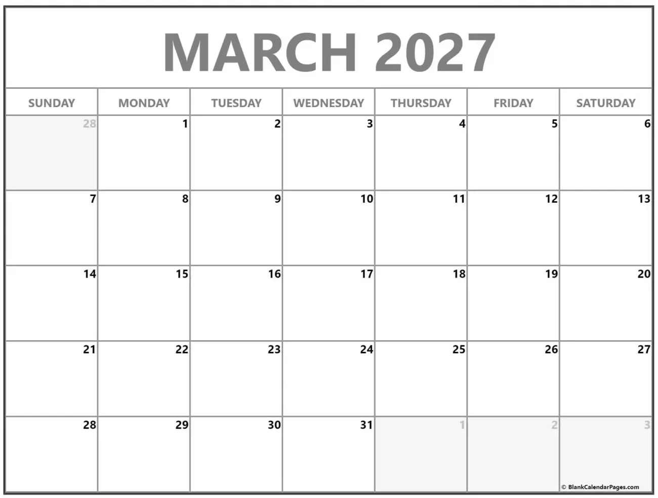 Free Printable Calendar March 2027 - March 2027 calendar | free printable calendars