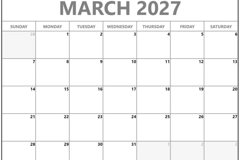Free Printable Calendar March 2027