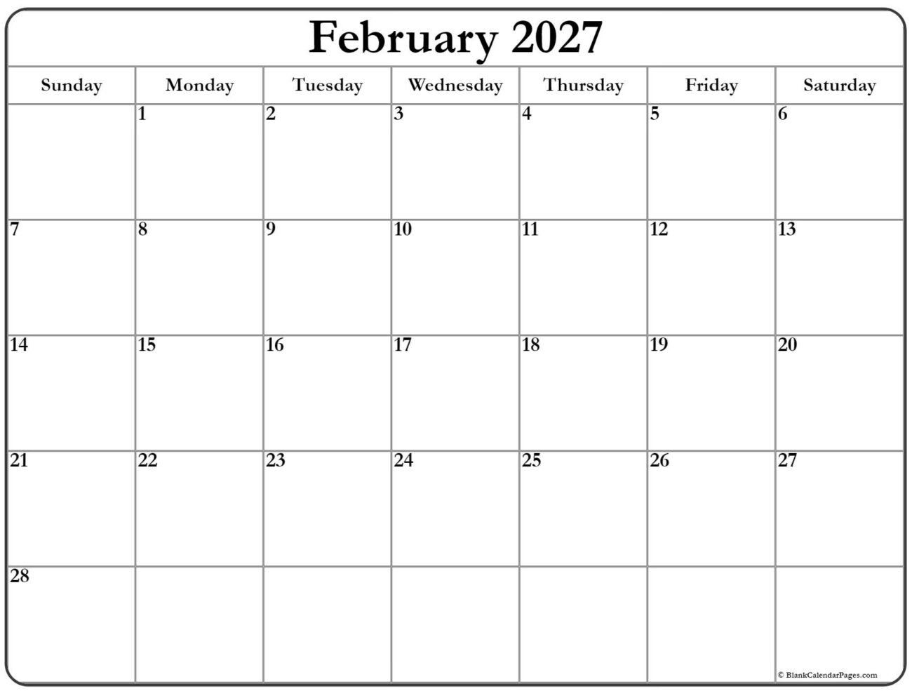 Free Printable February 2027 Calendar Printable - February 2027 calendar | free printable calendar