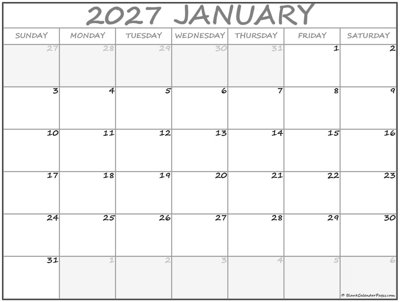 Free Printable January 2027 Calendar - January 2027 calendar | free printable calendar