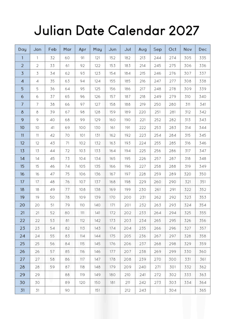 Free Printable Julian Calendar 2027 - Printable Julian Date Calendar 2027 - Date Today's