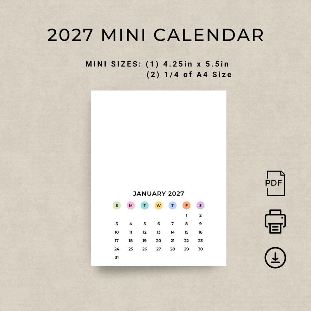 Free Printable Mini Calendar 2027 - Mini Calendar 2027 Color Minimalist Small Calendar 2027 Portrait ...