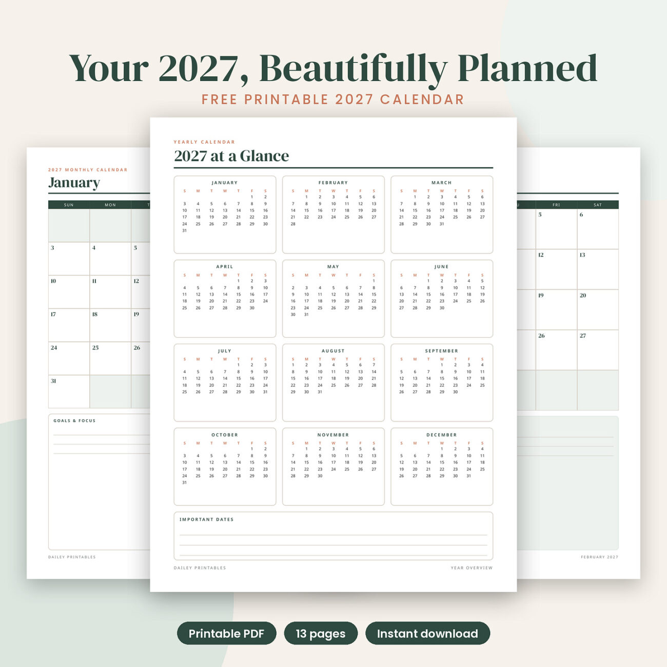Free Printable Monthly Calendar 2027 - FREE 2027 Printable Calendar: Year at a Glance + 12 Monthly Pages | Whop