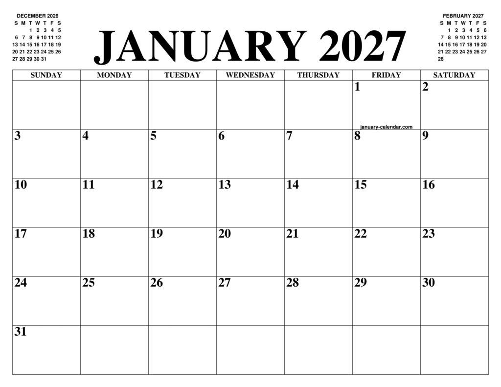 Free Printable Monthly Calendar January 2027 – JANUARY 2027 CALENDAR OF THE MONTH: FREE PRINTABLE JANUARY CALENDAR OF … Free Printable Monthly Calendar January 2027 - JANUARY 2027 CALENDAR OF THE MONTH: FREE PRINTABLE JANUARY CALENDAR OF ...