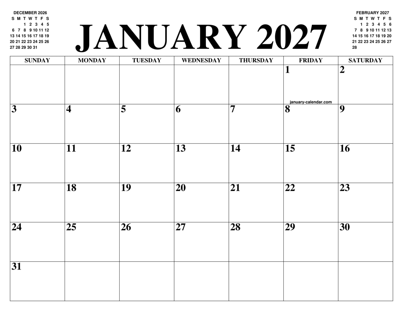 Free Printable Monthly Calendar January 2027 - JANUARY 2027 CALENDAR OF THE MONTH: FREE PRINTABLE JANUARY CALENDAR OF ...