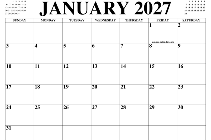 Free Printable Monthly Calendar January 2027