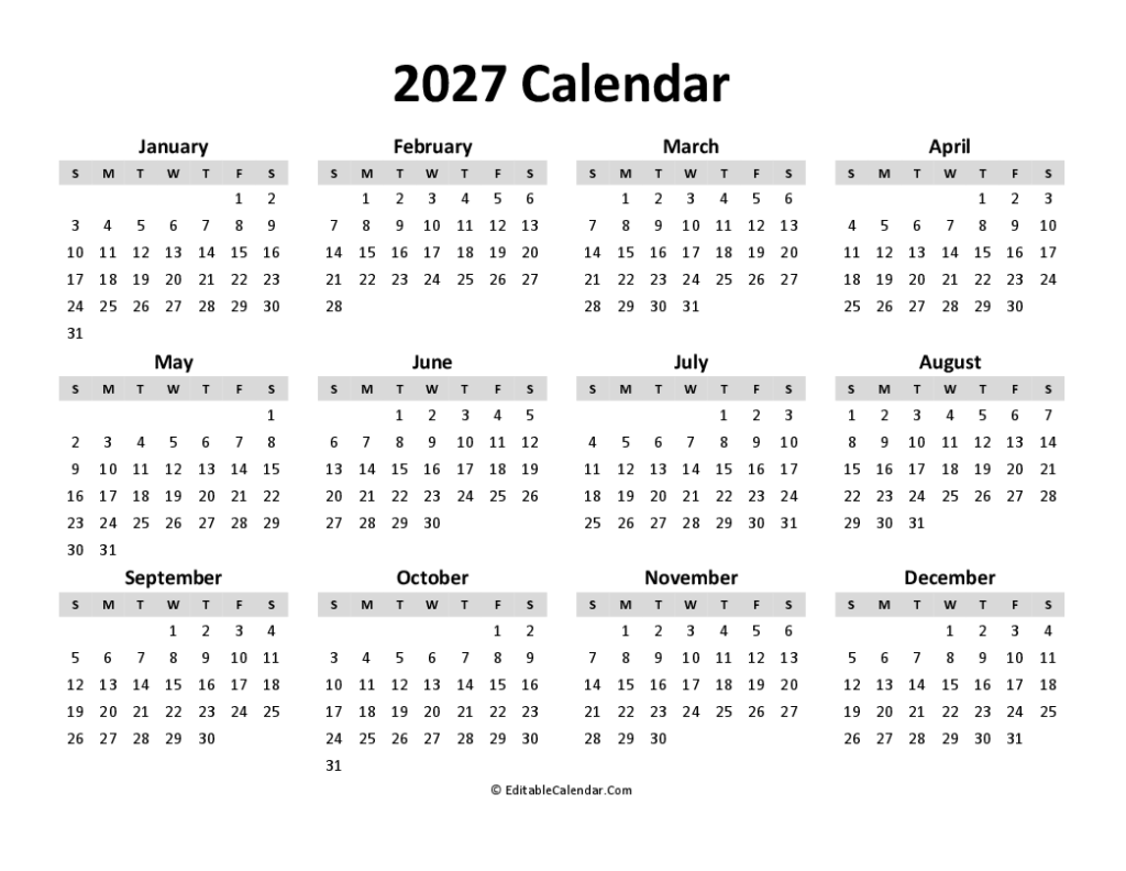 Free Yearly Calendar 2027 Free Yearly Calendar 2027