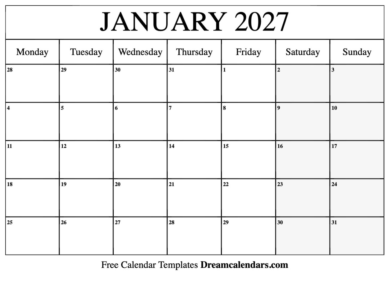 Jan 2027 Calendar Free Printable - January 2027 Calendar - Free Printable with Holidays and Observances
