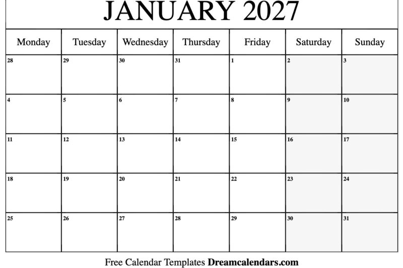 Jan 2027 Calendar Free Printable