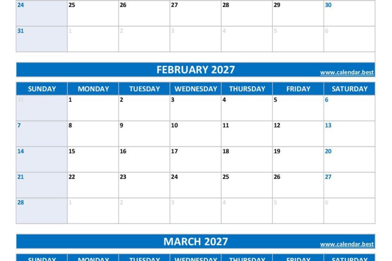 Jan Feb March 2027 Calendar Printable