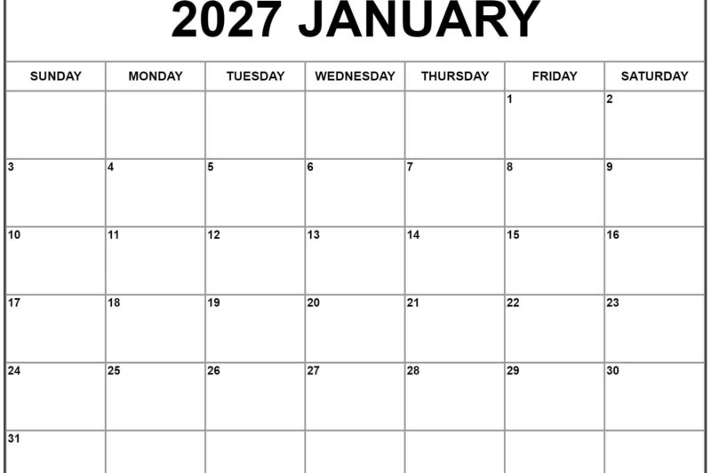 January 2027 Calendar Free Printable