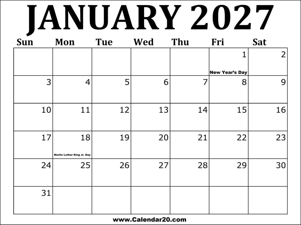 January 2027 Calendar Printable – Calendar20.com January 2027 Calendar Printable - Calendar20.com