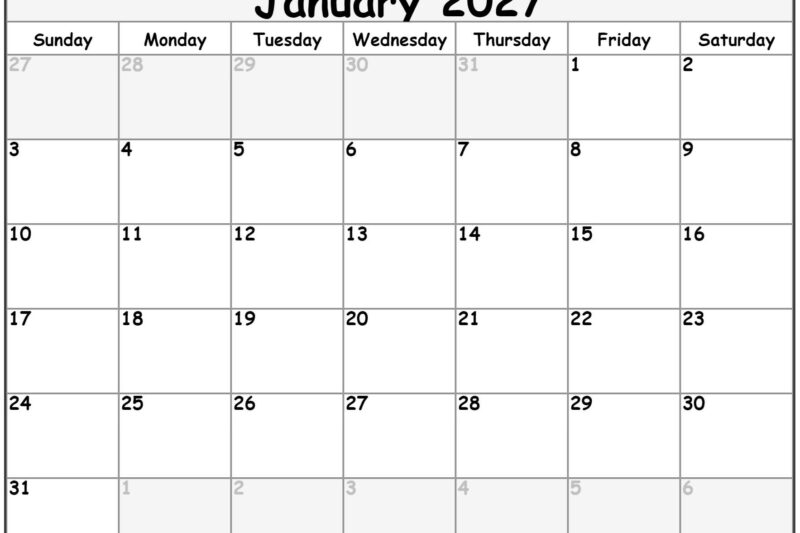 January 2027 Calendar Printable Free