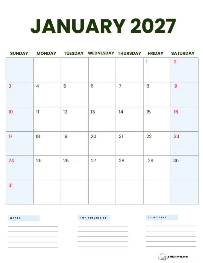 January 2027 Calendar Printable Midnight Portrait Colorin...