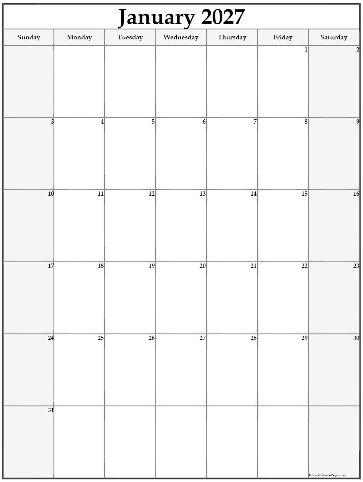 January 2027 Calendar Printable Portrait - January 2027 Vertical Calendar | Portrait